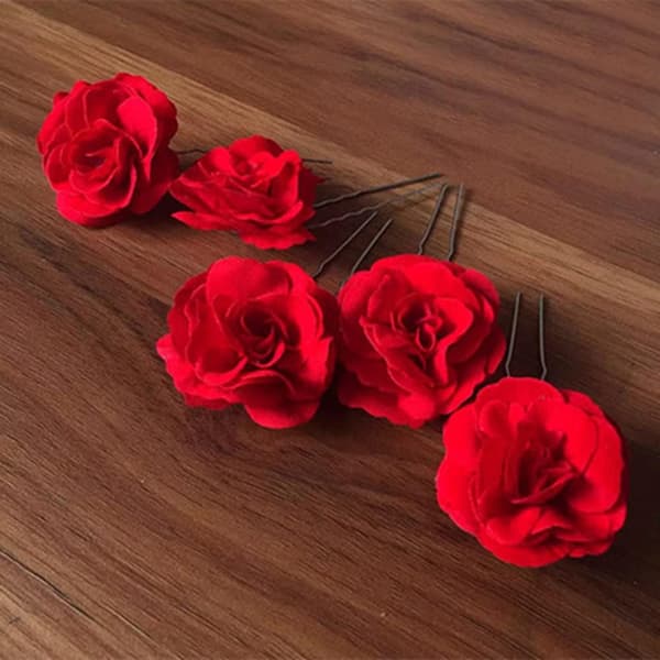6 stk. røde roser blomsterklemmer U-formede hårnåle elegante brudehårnåle til fest bryllup håndlavede brudetilbehør