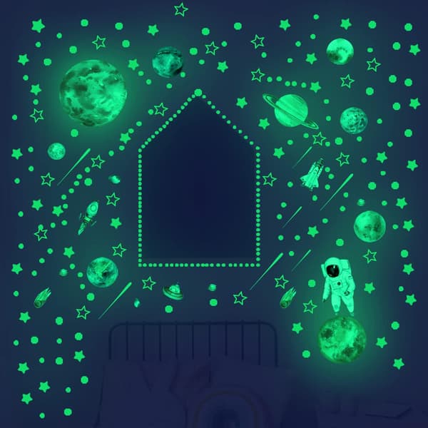 Glow in the Dark Stars Wall Decals, 1449 pcs Green Luminous Ceiling Decorations Planets Astronaut Rocket Glow S