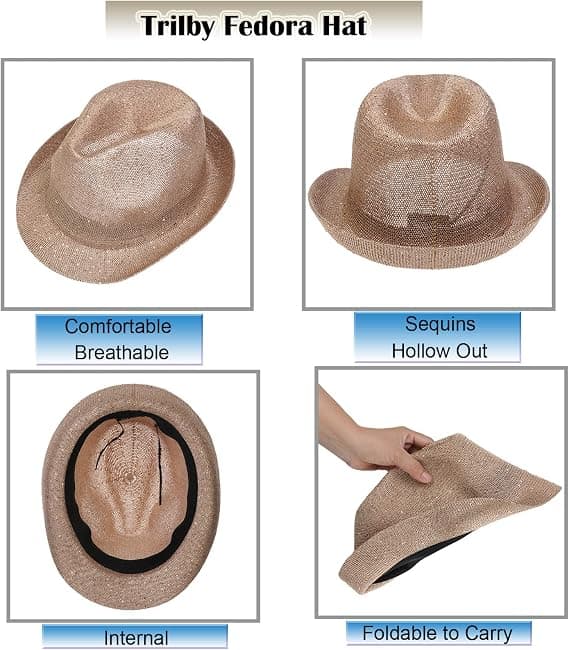 Sequined Sun Hat Fedora with Hole for Women and Men, Foldable and Packable Trilby Panama Summer Beach Hats