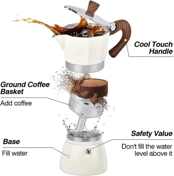 Espressokoker for komfyrtopp, 3 espressokopper Moka-kanne - 5oz manuell kopp