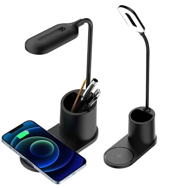LED-skrivebordslampe for barn med induktiv trådløs lader og pennholder
