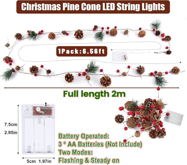 Pine Cone String Lights, 2M 20LED Pine Cone Lamp, Christmas Garland with Red Lights and Pine Cones, Battery Operated