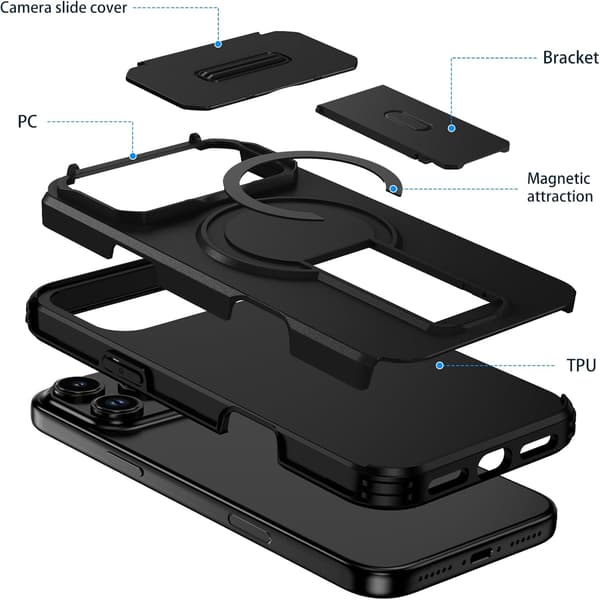 Compatible with iPhone 17, Built-in Phone Stand, Sliding Camera Cover, Magnetic Drop-Proof Phone Case, Black