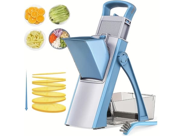 5-in-1 Mandoline Slicer, Adjustable Thickness 0.1-8mm, Slice Dice Grate, Safe Kitchen Tool - Blue