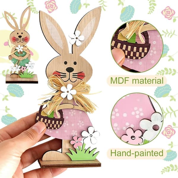 Easter Bunny Display Stand, 2/3 Pieces Wooden Easter Desk Decoration, Easter Spring Home Office Decoration