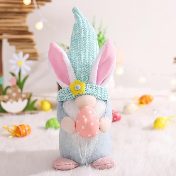 11\" Suede Easter Bunny Gnome with Egg | Scandinavian Spring Decoration for Trays | Blue
