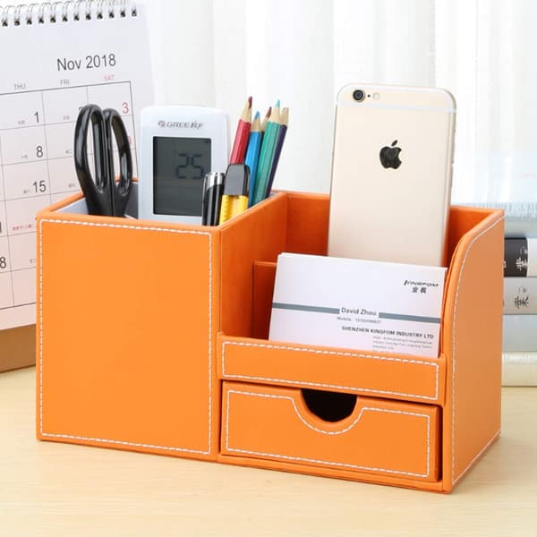 Desk Organizer Organizing System 4 Storage Compartments PU Leather Pencil Box Pen Holder Office Supplies Orange orange