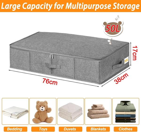 Under-bed storage boxes with lid 50L, 2-pack under-bed storage boxes, foldable fabric under-bed storage, 76x38x17cm