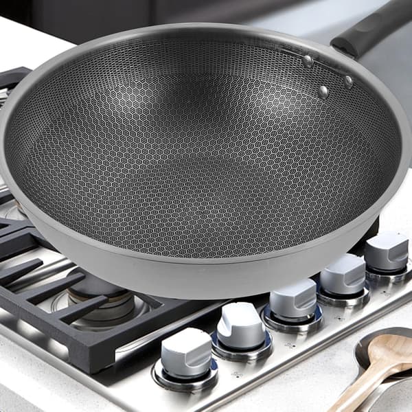 Non-Stick Stekepanne Rustfri Wok med Bikakestruktur Bakelitthåndtak Varmebevarende
