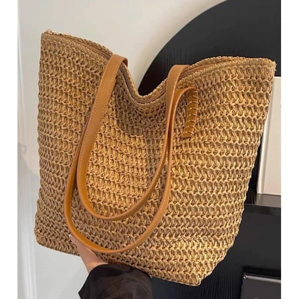 Alsidig vævet taske til kvinder, trendy stor kapacitet, pendletaske i strå, mulepose brun brown