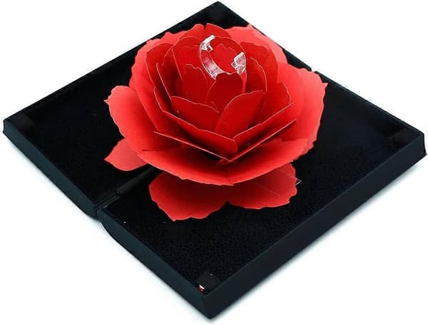 Ring Box, 3D Pop Up Rose Ring Holder Case For Engagement Wedding Jewelry Gift Box, Black (ring not included)