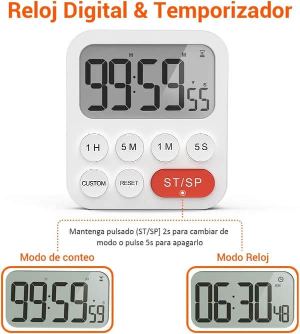Digital køkkentimer multifunktionstimer med urfunktion, hurtigindstilling, 3 lydstyrkeniveauer, magnetisk bagside, foldbart stativ (8*9*2cm)