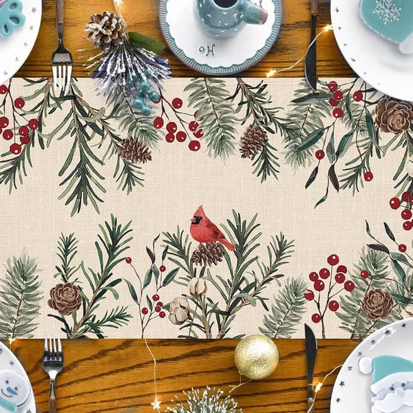 33×183×1cm Table Runner with Winter Pine Needles, Pine Cones Cardinal Red Birds Berries Farmhouse Kitchen Dining Table D