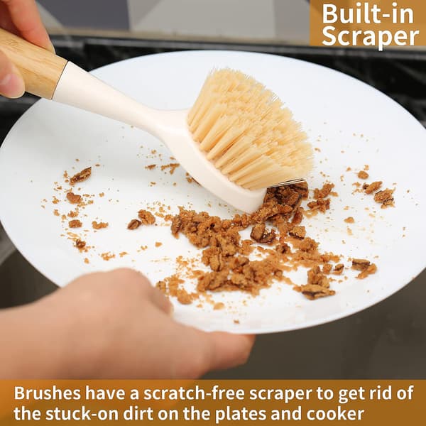 2-pack Kitchen Dish Brush with Bamboo Handle, Dish Scrubber, Scrub Brush for Pots, Pans, Sink