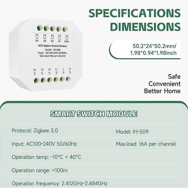 Zigbee Smart Relay Switch Module 16A IH-S09 AC100-240V Tuya Smart Life Remote Control for Home Automation System 1CH 1 Road White 1 Road White