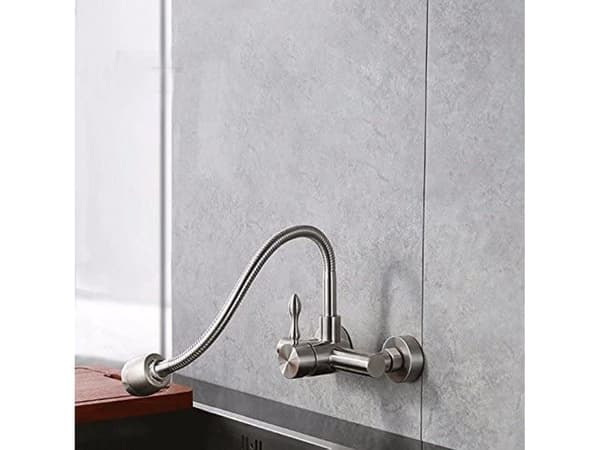 Wall-mounted 304 Stainless Steel Kitchen Faucet with 360° Rotation, Dual-mode Push Button Switch for Easy Cleaning