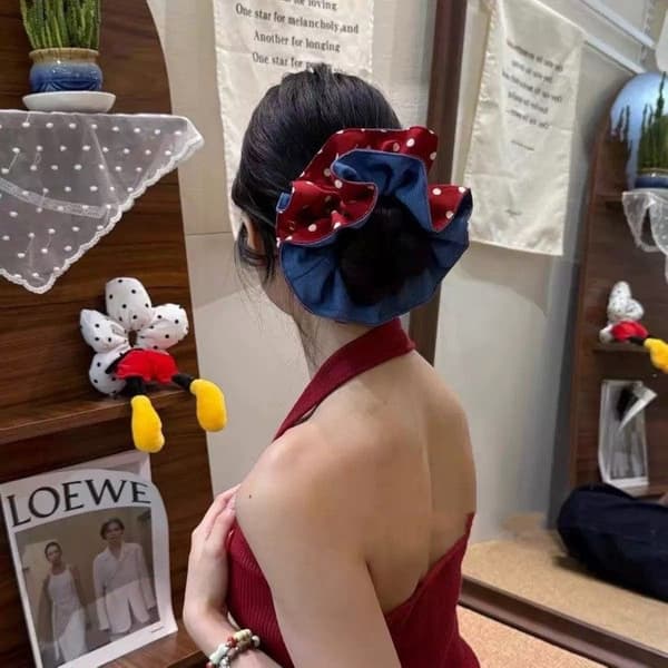 Rutig spets-scrunchie — Elastisk hårtofs & modeaccessoar*92# Röd prickig denimblå dubbellager (A- och B-sidor), cirka 15 cm**92# 92# 92#