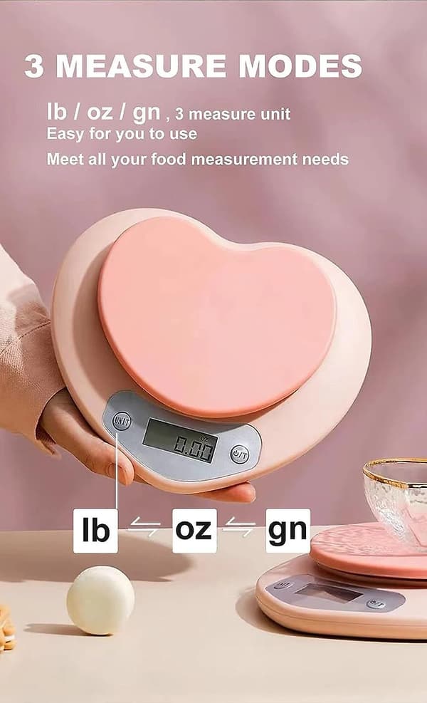 Rosa hjerteformet digital kjøkkenvekt, 5kg/1g, LCD-skjerm, tarafunksjon