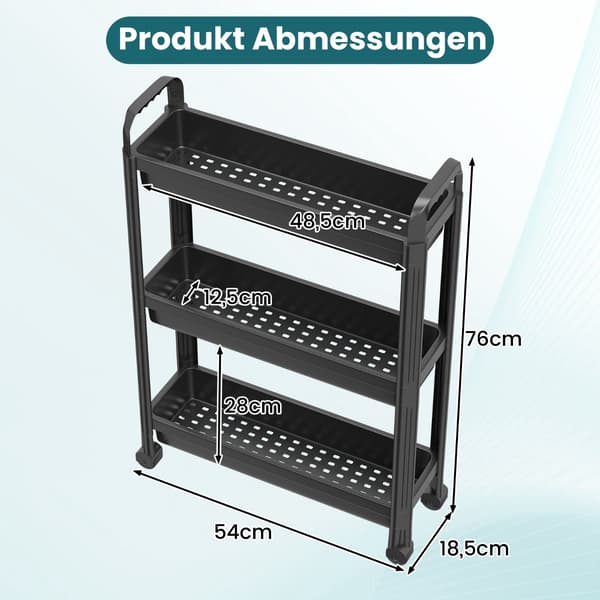 Slim 3-Tier Kitchen Cart with Handle, Black 2300