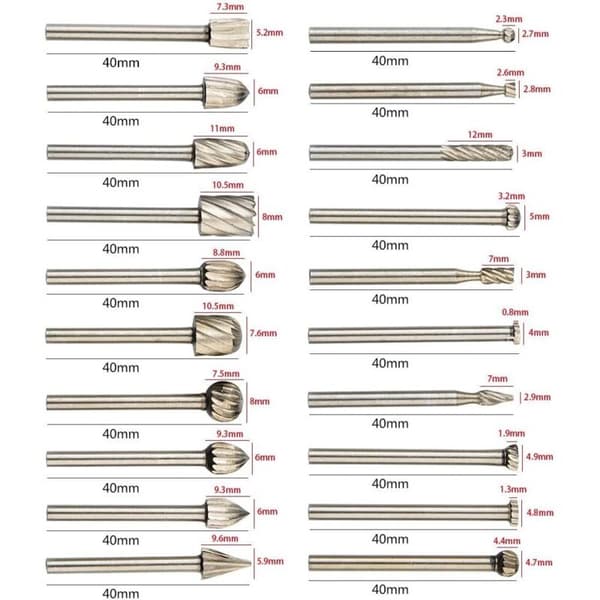 20-pack Rotary Burrs Set Tungsten Carbide Burrs, 1/8'' (3mm) Shank Dremel Router Bits for DIY Woodworking, Carving, Engraving, Drilling