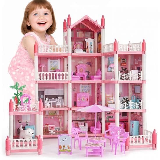 Dukkehus - 4 etasjer, 11 rom, rosa byggesett, dukkehustilbehør og møbler, gave til