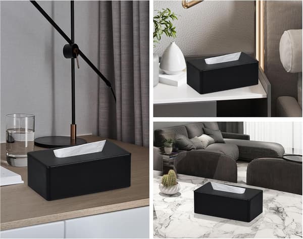 Rectangular PU Leather Facial Tissue Dispenser Box Holder for Dresser Bathroom Decor (Black)
