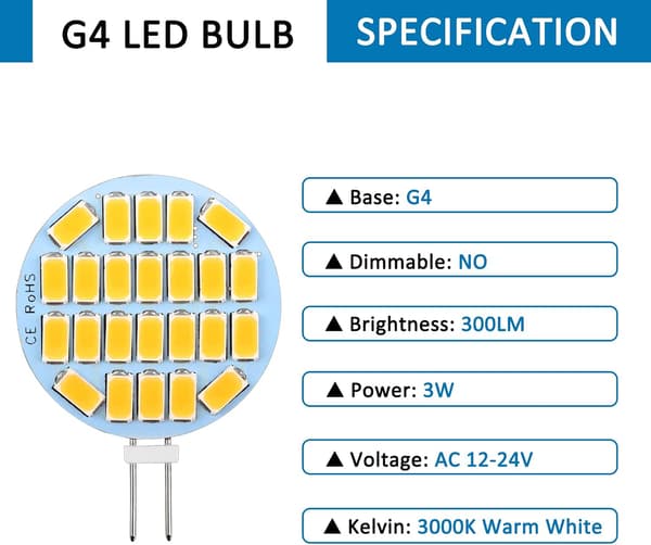 G4 LED 3W, AC12-24V, 300LM Varmvitt 3000K, 24x5730 SMD 6-pack