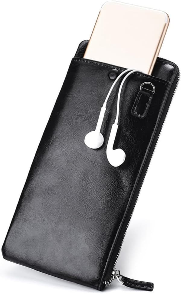 Lang lynlåspung til mænd med håndledsrem, slank sort lædertelefonkortholder