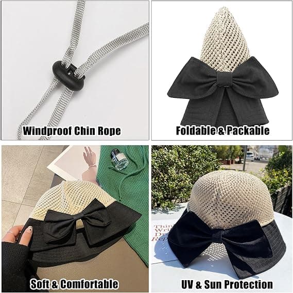 Women's Wide Brim Mesh Foldable Bucket Hat with Detachable Chin Strap Ponytail Bow for Summer Vacation Beach Hiking, Adjustable