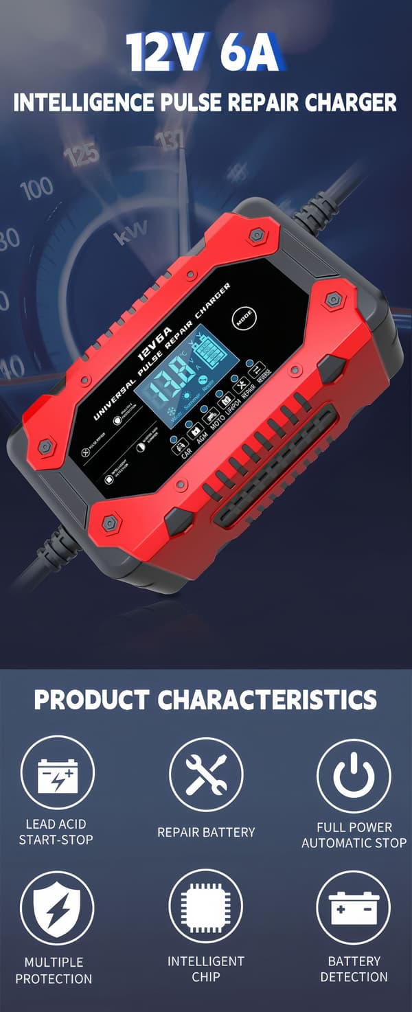 12V 6A Batterilader - Bil- og Motorsykkelstrømlader for 12V System