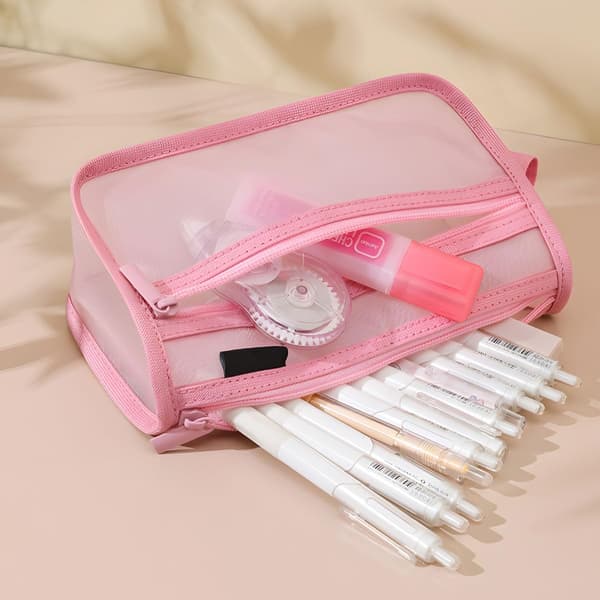 Grid Pencil Case with Handle and Zipper Double Layer Transparent Pencil Pouch for Office Travel School (Pink)