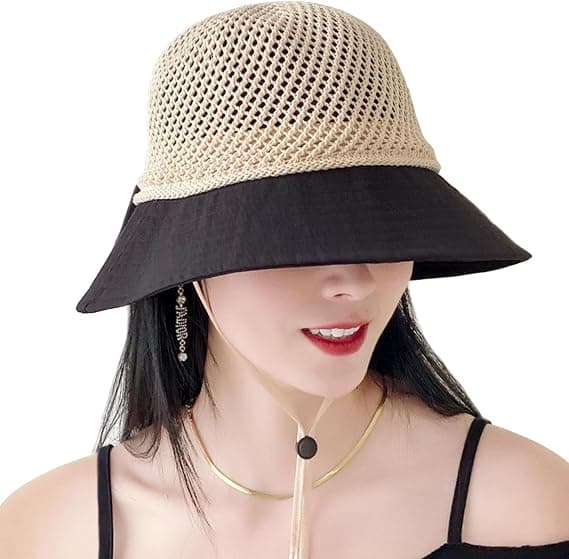 Women's Wide Brim Mesh Foldable Bucket Hat with Detachable Chin Strap Ponytail Bow for Summer Vacation Beach Hiking, Adjustable