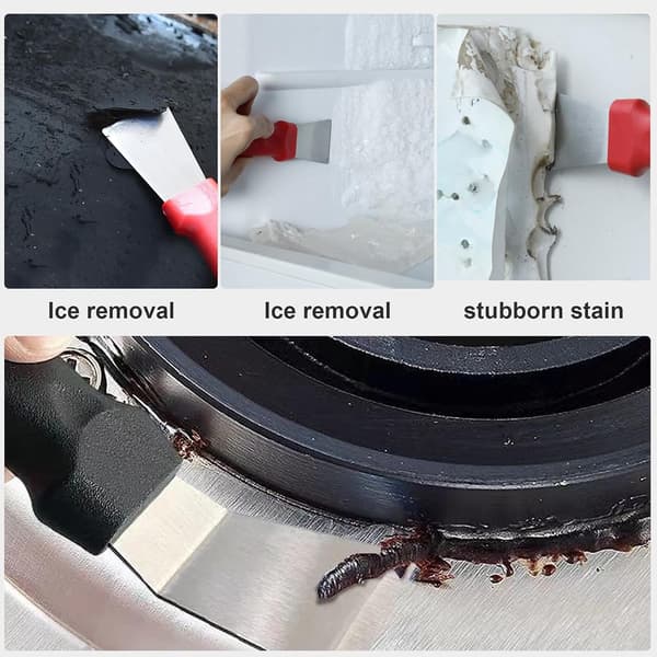 2 pcs cleaning scraper for ovens, stoves, induction hobs, freezer stainless steel multi kitchen scraper with whetstone 3 pcs cleaning brushes (red and black)
