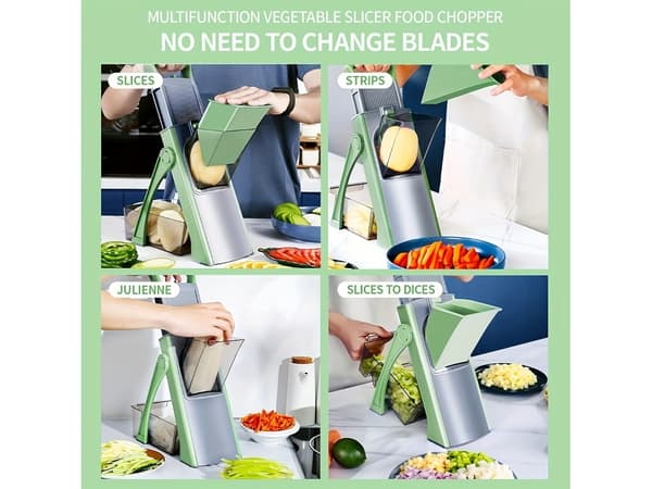 5-in-1 Mandoline Slicer, Adjustable Thickness 0.1-8mm, Slice Dice Grate, Safe Kitchen Tool - Blue