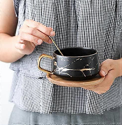 Porcelæn Te Kop Kaffekrus Sæt til Eftermiddagste - Marmormønster (Sort, Kort 300ml + Træfad)