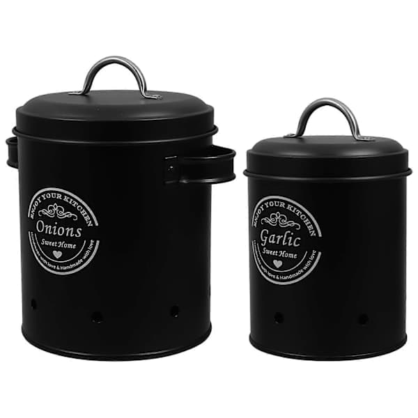 Rustic Jar Set for Kitchen Vegetable Storage Jars with Lids Metal Jars for Onion Garlic Potatoes Set Ventilation Holes Black 2 pcs