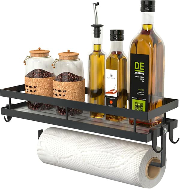 Wall-mounted spice rack for kitchen without drilling, spice shelf with roll holder and 4 hooks, spice rack, 35 cm, black