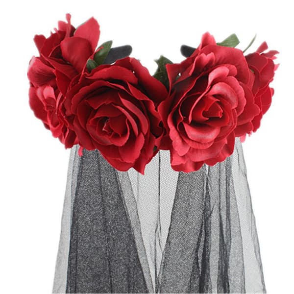 Halloween-fest hodebånd mørk heks utkledning hår tilbehør rød rose blomst slør slør dag av de døde hodespenne