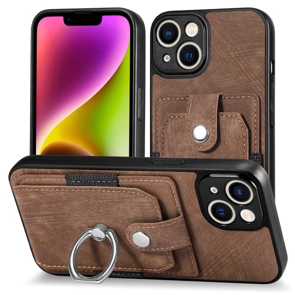 Kortholder til iPhone 17, ensfarvet, retro metalring, magnetisk bilmontering, brun.