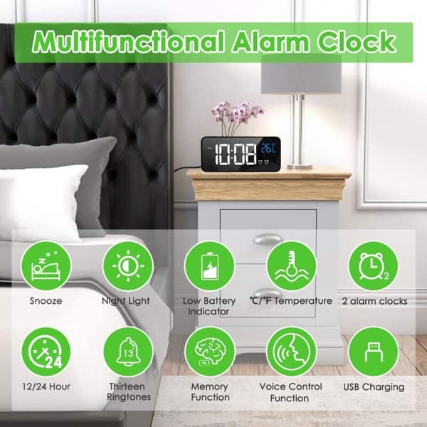 AC-driven väggklocka, batteridriven digital klocka med temperaturvisning, snooze, dubbellarm för sovrum