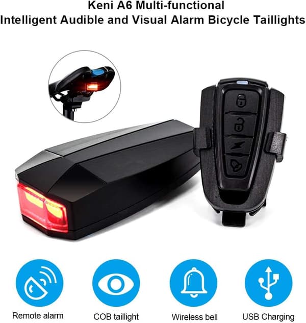 Smart tyverialarm for sykkel, oppladbart baklys for sykkel, advarsel