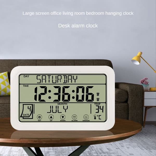 Digital Wall Clock, Battery Operated Digital Clock, 8 Inch Desk Clock with Temperature, Humidity, Day Date for Home, White