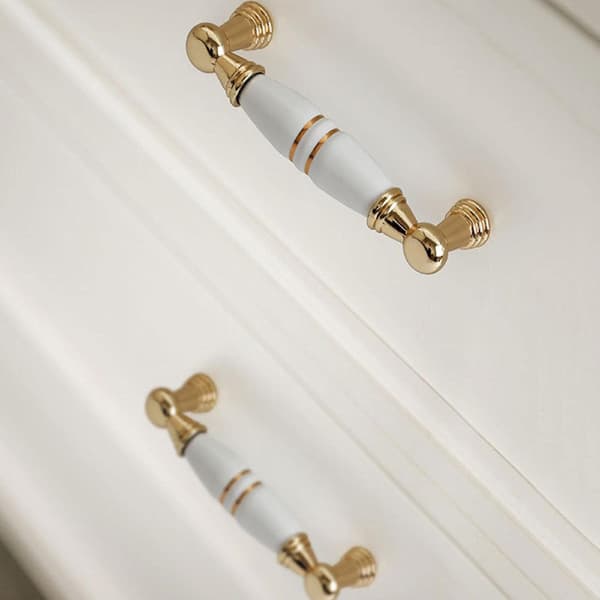 6-piece cabinet handle set, white ceramic zinc alloy cabinet handle (hole: 128 mm)
