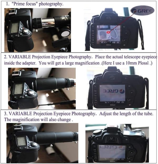 1,25 variabel teleskopkameraadapter for primærfokus og okularprojeksjon astrofotografering