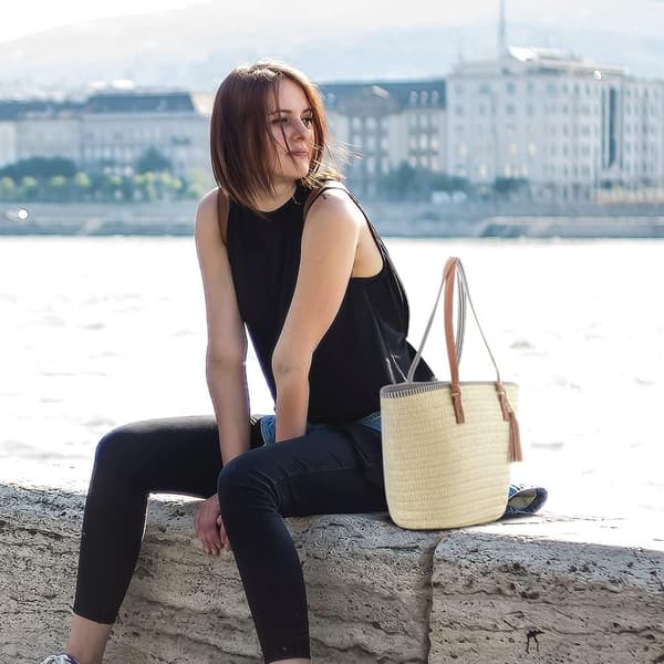 Damehåndtasker Sommer Strandtasker Store Tote Tasker Stråtasker med Kvast Damehåndtasker til Rejser, Ferie og Shopping