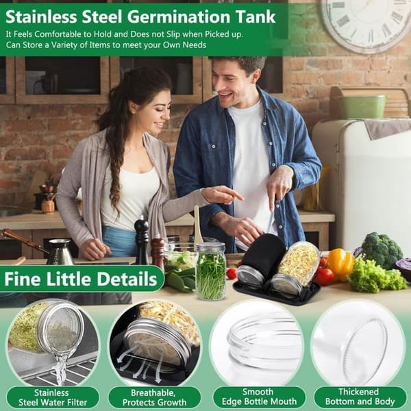 Sprouting Jars, two 1000ml Mason Jars with 304 Stainless Steel Lids, Tray, Stand, Shade Cloth and... Brush.