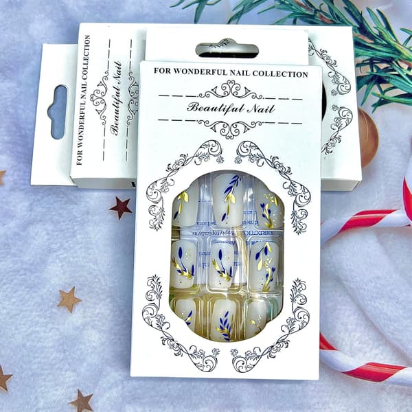 Gold Blue Leaf Press on Nails, Gold Foil Design, Acrylic Nails Glossy Artificial Fingernails Spring Stick on Nails