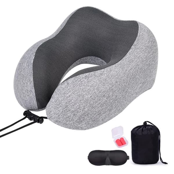 Resekudde Mjukt Memory Foam Bomull U-formad Kuddfodral Nackstöd Kudde för Flygplan, Tåg, Bil, Kontor och Camping, (Platt Grå)