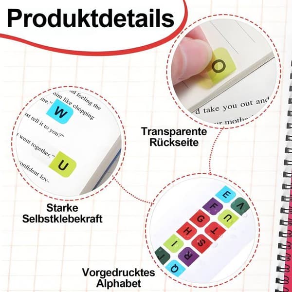 A-Ö Tab Stickers - 390 Pieces, Transparent Alphabetical - for Notebooks, Notes, Registers