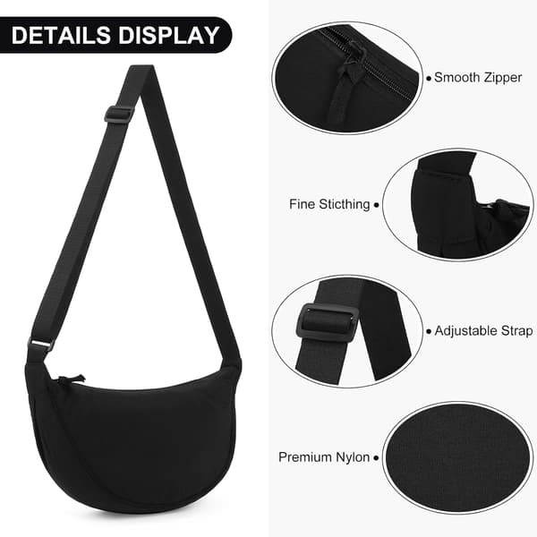 Crescent taske til kvinder, nylon crescent tasker hobos crossbody taske bærbar crescent taske (sort)